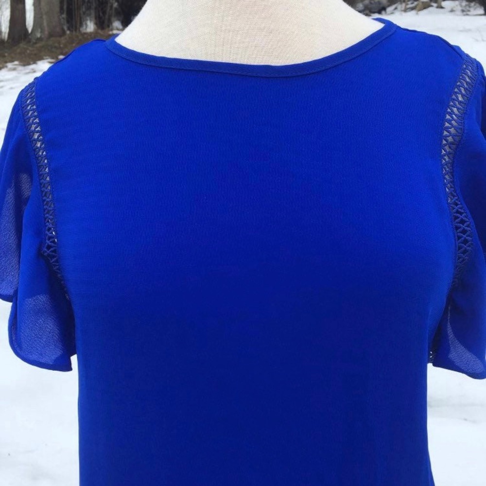 ELECTRIC BLUE FLUTTER SLEEVE BLOUSE SMALL WOMENS